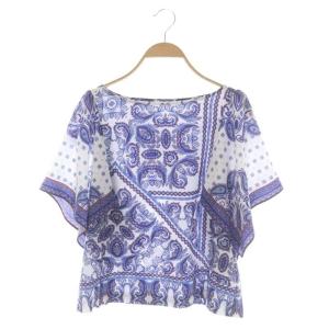 エスニックパターン トップ ブラウス 半袖 ボートネック プルオーバー 総柄 36 白 青 赤