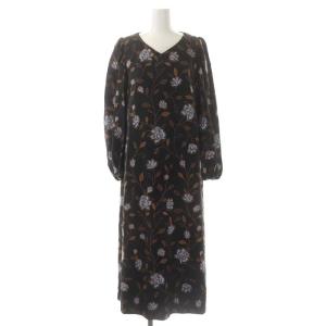21AW フラワー刺繍ワンピース ロング 長袖 36 黒 茶 水色
