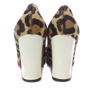 Christian Louboutin パンプス チャンキーヒール スクエアトゥ リボンモチーフ レオパード ハラコ 24cm ブラウン