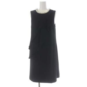 フリルフレアーワンピース ドレス 膝丈 ノースリーブ パールビジュー装飾 36 黒 ブラック