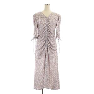 小花柄プリントワンピース ロング 五分袖 ドロスト 36 サックス ピンクベージュ オレンジ