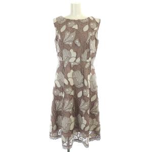 刺繍レースフレアワンピース ミモレ丈 ロング ノースリーブ ボートネック 36 ブラウンパープル グレージュ オフホワイト