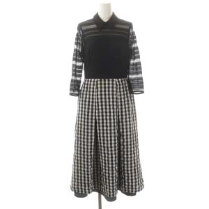 レース×カラミワンピース ロング 長袖 切替 ステンカラー ボーダー ギンガムチェック チュール 36 黒 ブラック 白 ホワイト