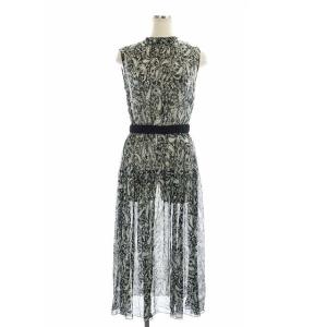 22AW モノトーンペイズリーティアードワンピース ロング ノースリーブ ネックリボン 36 黒 ブラック オフホワイト