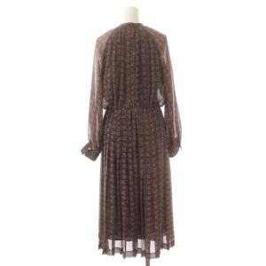 ANAYI 総柄 プリーツ ボウタイ ワンピース ロング 長袖 シフォン 36 紺 ネイビー ベージュ