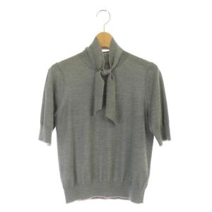 ウール リボン付き ショートスリーブ ニット カットソー 半袖 38 グレー ピンク