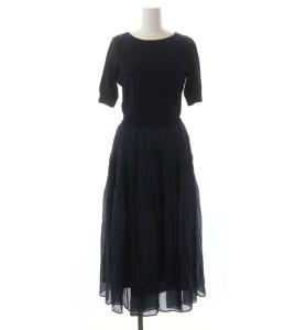 21AW プリーツティアードドッキングニットワンピース ロング 半袖 36 紺 ネイビー