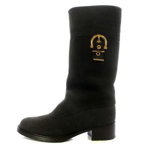 Salvatore Ferragamo ブーツ ロング ハイヒール ガンチーニ スエード 7C 24.5cm 黒 ブラック