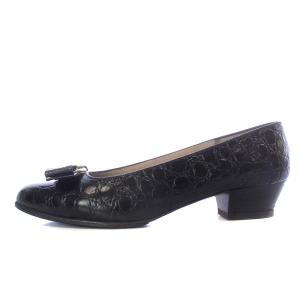 Salvatore Ferragamo パンプス チャンキーヒール ヴァラ リボンモチーフ 型押し レザー 6.5C 24cm 黒 ブラック