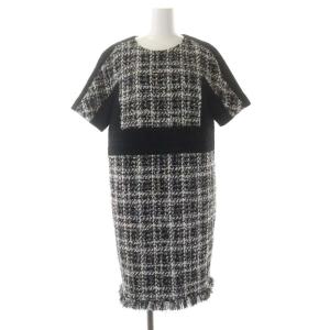 22AW ラメツイード ワンピース 膝丈 五分袖 38 黒 白 ゴールド色