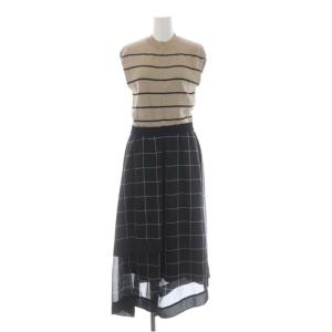 21AW 切替フレアワンピース ロング ノースリーブ ボーダー チェック 36 ベージュ 黒 ブラック
