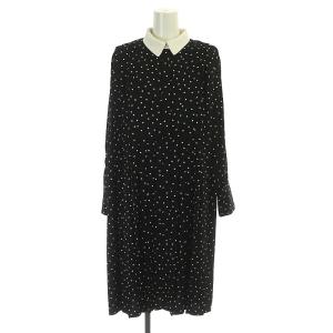 Aラインクレリックシャツプリーツワンピース ドット柄 長袖 ミモレ ロング 36 黒 ブラック 白 ホワイト