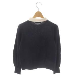 ANAYI 22SS シルクコットン配色ポロ衿プルオーバー ニット カットソー 長袖 36 紺 ネイビー オフホワイト