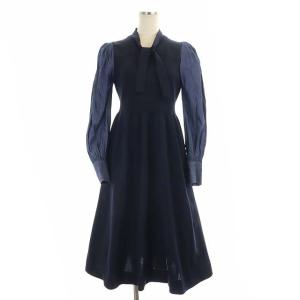 23SS 布帛ドッキングボウタイニットワンピース ロング ミモレ 長袖 36 紺 ネイビー
