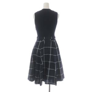 BLUE LABEL CRESTBRIDGE ワンピース ニット切替 ドッキング ロング ノースリーブ フレア チェック柄 ベルト付き 36 紺 白 ネイビー ホワイト