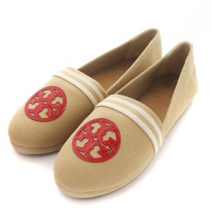 スリッポン フラットシューズ ロゴ ライン 7 24.0cm ベージュ 赤 レッド