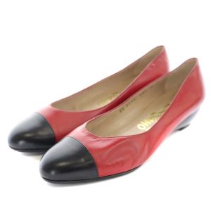 バイカラーパンプス ラウンドトゥ ローヒール レザー 6 23.5cm 赤 レッド 黒 ブラック