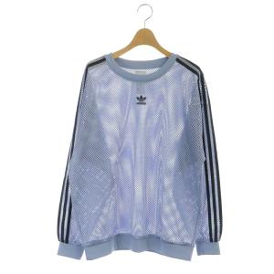 メッシュ クルー スウェット カットソー 長袖 ロゴ ライン L 青 黒 ブルー ブラック