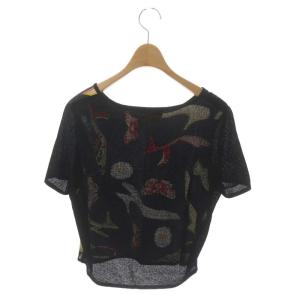 Salvatore Ferragamo スカーフ切替 ニット カットソー 半袖 S 黒 ブラック マルチカラー