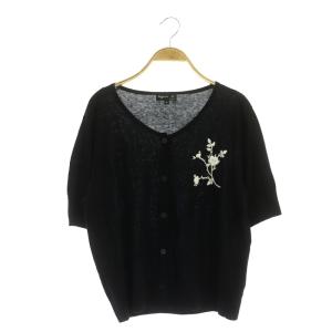 カーディガン ニット 五分袖 フラワー刺繍 ショートスリーブ シルク リネン混 3 黒 白 ブラック ホワイト