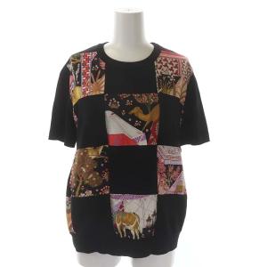 Salvatore Ferragamo ニットアンサンブル ガンチーニホックカーディガン 長袖 切替 シルク 柄 半袖 L ブラック