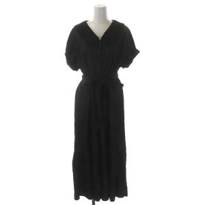 21AW 刺繍衿デニムワンピース シャツワンピース Vネック ロング 半袖 36 黒 ブラック