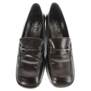 GUCCI ビットローファー レザー スクエアトゥ チャンキーヒール 7B 24cm 茶色 ブラウン