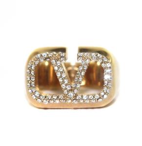 VALENTINO GARAVANI Vロゴ シグネチャー メタル スワロフスキークリスタル リング 指輪 S 10号 ゴールド色