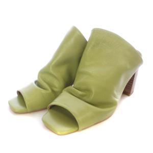 レザースタックヒールサンダル ハイヒール スクエアトゥ 36 22.5cm カーキ