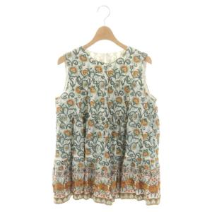 ティアード刺繍ノースリーブ カットソー 花柄 36 アイボリー 緑 グリーン 黄色 イエロー