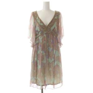 シアー装飾付きワンピース ミニ 半袖 シルク 緑 紫 グリーン パープル