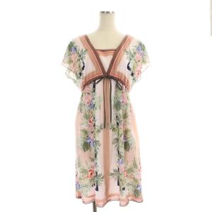 ウエストマーク 花柄ワンピース 膝丈 フレンチスリーブ 38 ピンク マルチカラー