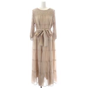 タフタロングティアードワンピース 切替 レース リボン 七分袖 ロング 36 ピンクベージュ