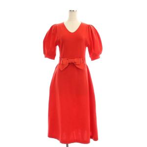 22SS ウェストリボンニットワンピース ロング ミモレ丈 五分袖 38 赤 レッド