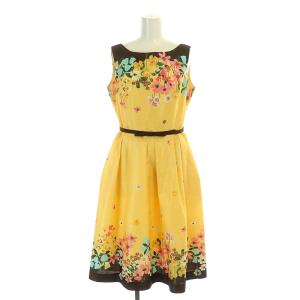 22SS カラフルフラワープリントドレス ワンピース ノースリーブ ひざ丈 花柄 38 黄色 イエロー