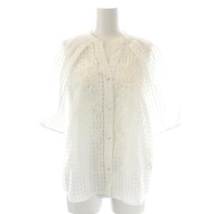 23SS コード刺繍ブラウス シャツ 前開き 五分袖 バルーンスリーブ チェック柄 オーガンジー インナー付き 36 白 ホワイト