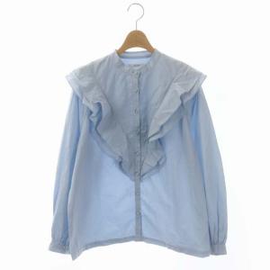 21AW タイプライターワッシャーフリルブラウス 長袖 ノーカラー 水色 ライトブルー