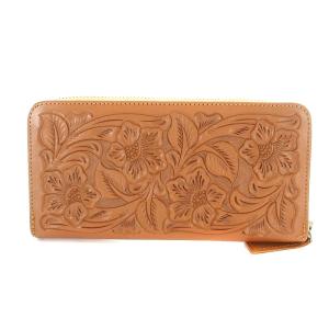 GRACE CONTINENTAL Carving Tribes 長財布 ラウンドファスナー 花柄 カッティング レザー 茶 ブラウン