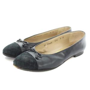 Salvatore Ferragamo フラット パンプス レザー リボン 8 25.5cm 黒 ブラック