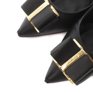 Salvatore Ferragamo ZAIA パンプス レザー ポインテッドトゥ リボン ロゴ 7 24.5cm 黒 ブラック