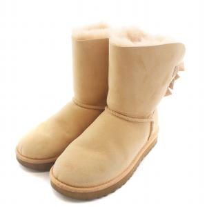 UGG australia W BAILEY BOW SHORT PUFFLE ムートンブーツ スエード レザー リボン ロゴ US6 23.0cm ピンク