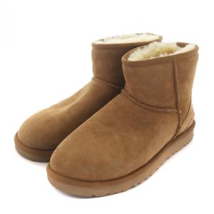 UGG australia Classic Mini Rustic Weave ムートンブーツ ショート シープスキン レザー ステッチ ロゴ 茶 ブラウン