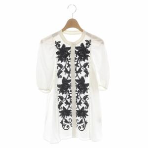 23AW 刺繍パフスリーブ ブラウス 五分袖 バンドカラー 36 白 ホワイト