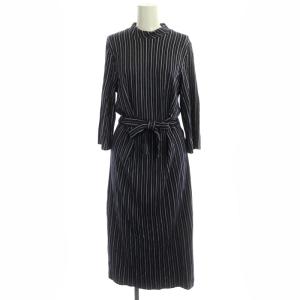 ストライプワンピース ロング 七分袖 フレア リボンベルト付き 2 紺 白 グレー