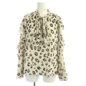 レオパードボウタイトップ ブラウス 長袖 フロッキー ラメ 36 ライトベージュ ダークブラウン