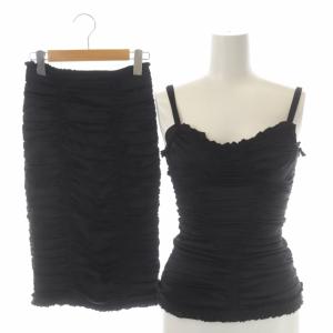 ギャザータックシルクサテンセットアップ ノースリーブカットソー スカート 膝丈 タイト 36 黒 ブラック