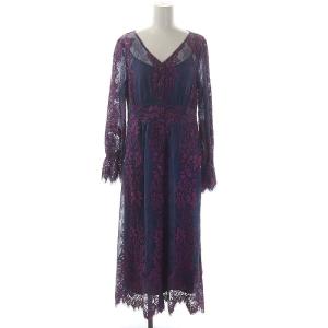 コードレースロングワンピース 長袖 36 紺 紫 ネイビー パープル