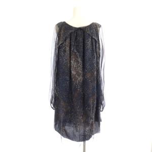 Drawer 総柄シルクワンピース ひざ丈 長袖 40 紺 茶色 ネイビー ブラウン