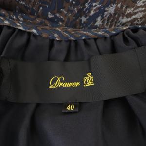 Drawer 総柄シルクワンピース ひざ丈 長袖 40 紺 茶色 ネイビー ブラウン
