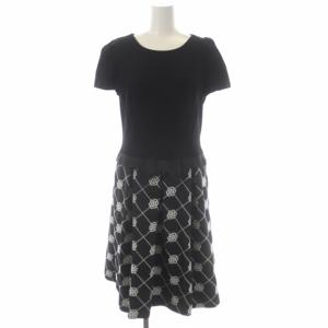 カメリア刺繍リボン半袖ワンピース ミモレ丈 ロング 40 黒 ブラック オフホワイト